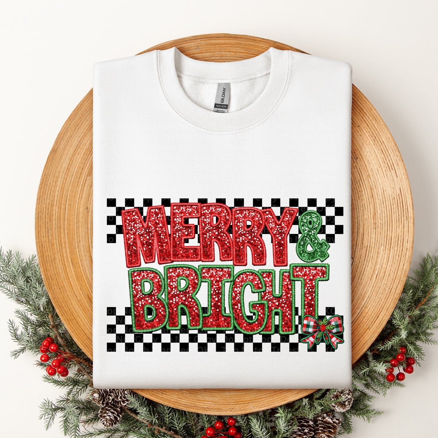 Merry & Bright-Red & Green with Small Bow DTF Transfer