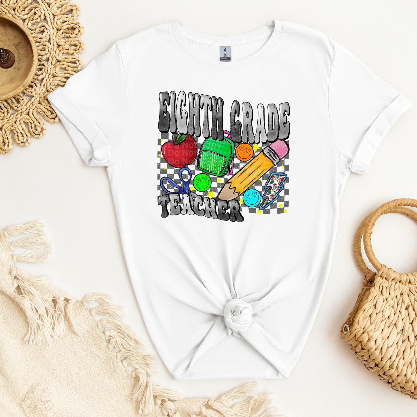 Eighth Grade Teacher Grey Font/Grey Checkered DTF Transfer
