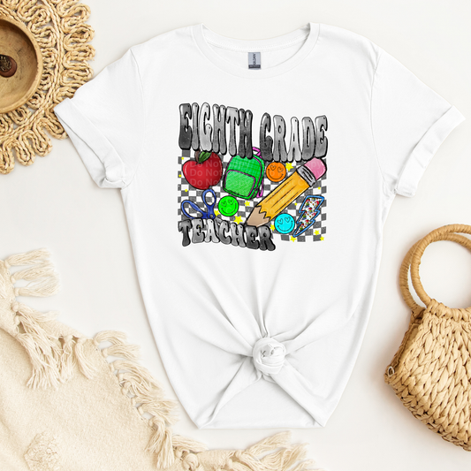 Eighth Grade Teacher Grey Font/Grey Checkered DTF Transfer