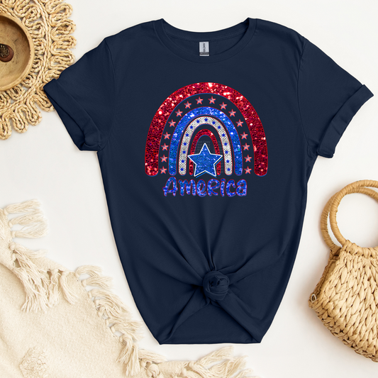 America Red & Blue Rainbow Faux Sequins w/Blue star in Center DTF Transfer