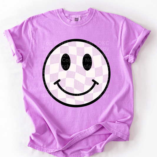 Black Outline Light Purple Checkered Smiley Face DTF Transfer