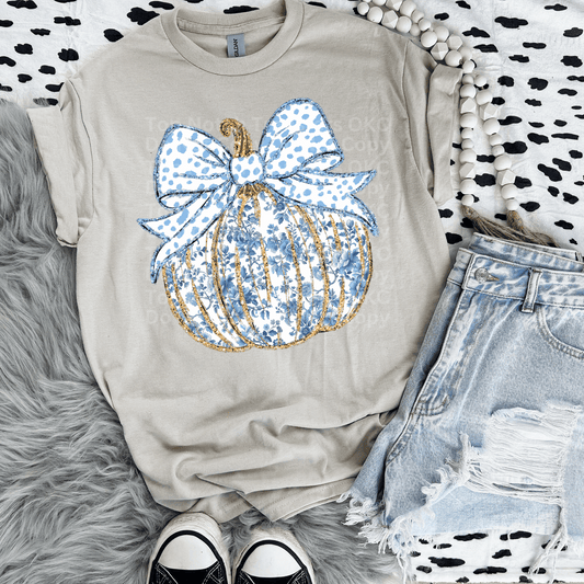 Blue & white floral pumpkin DTF Transfer