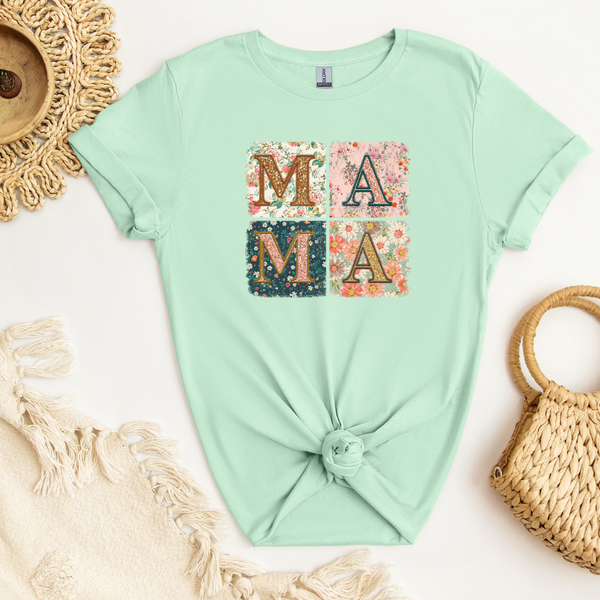 Mama - Faux Embroidery on Different Floral Squares DTF Transfer