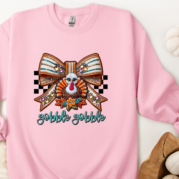 Gobble Gobble (light Blue) - Faux Embroidery/Rhinestone DTF Transfer