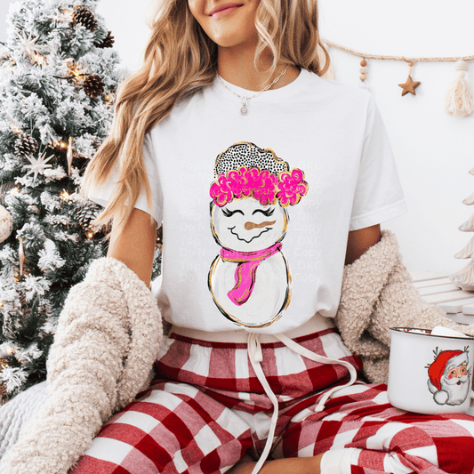 Cute Snowwoman with Dotted Hat & Pink Scarf DTF Transfer