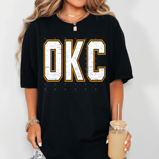 White OKC w/ Orange Outline Distressed DTF Transfer