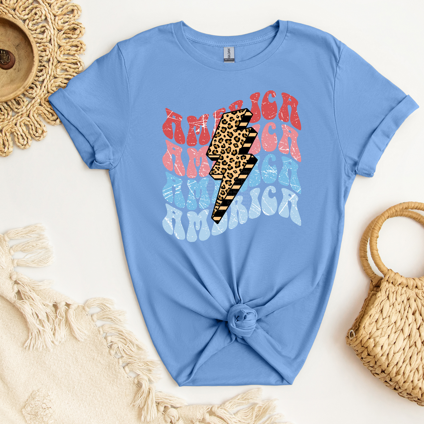 America - Stacked Wavy w/Cheetah Print Bolt DTF Transfer
