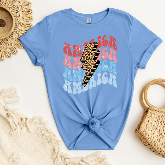 America - Stacked Wavy w/Cheetah Print Bolt DTF Transfer