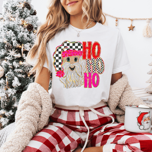 Ho Ho Ho Happy Santa w/Checkered & Pink Hat (Light) DTF Transfer