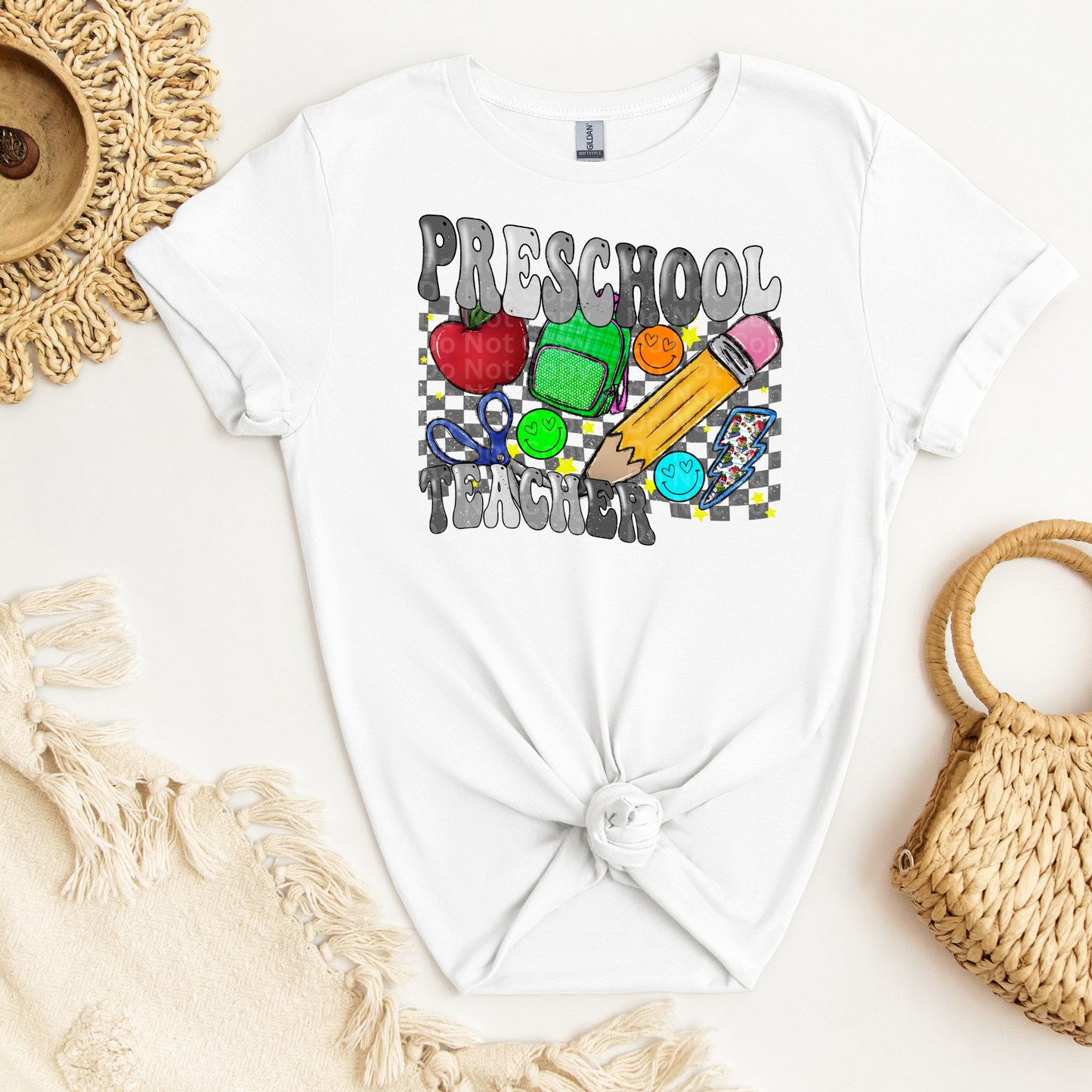 Preschool Teacher Grey Font/Grey Checkered DTF Transfer