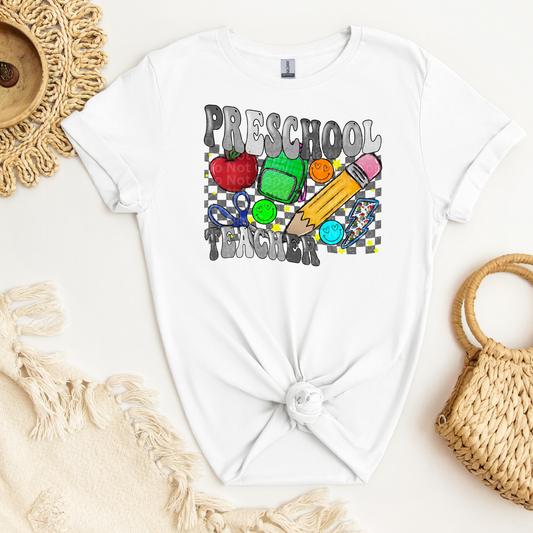 Preschool Teacher Grey Font/Grey Checkered DTF Transfer