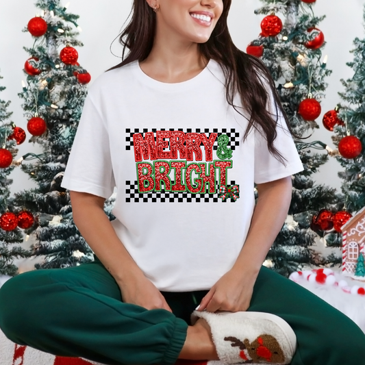 Merry & Bright Red and Green Faux Sequin Checkered DTF Transfer