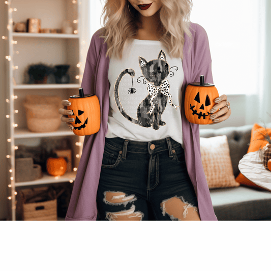 Watercolor black cat w/ Dalmatian Bow DTF Transfer