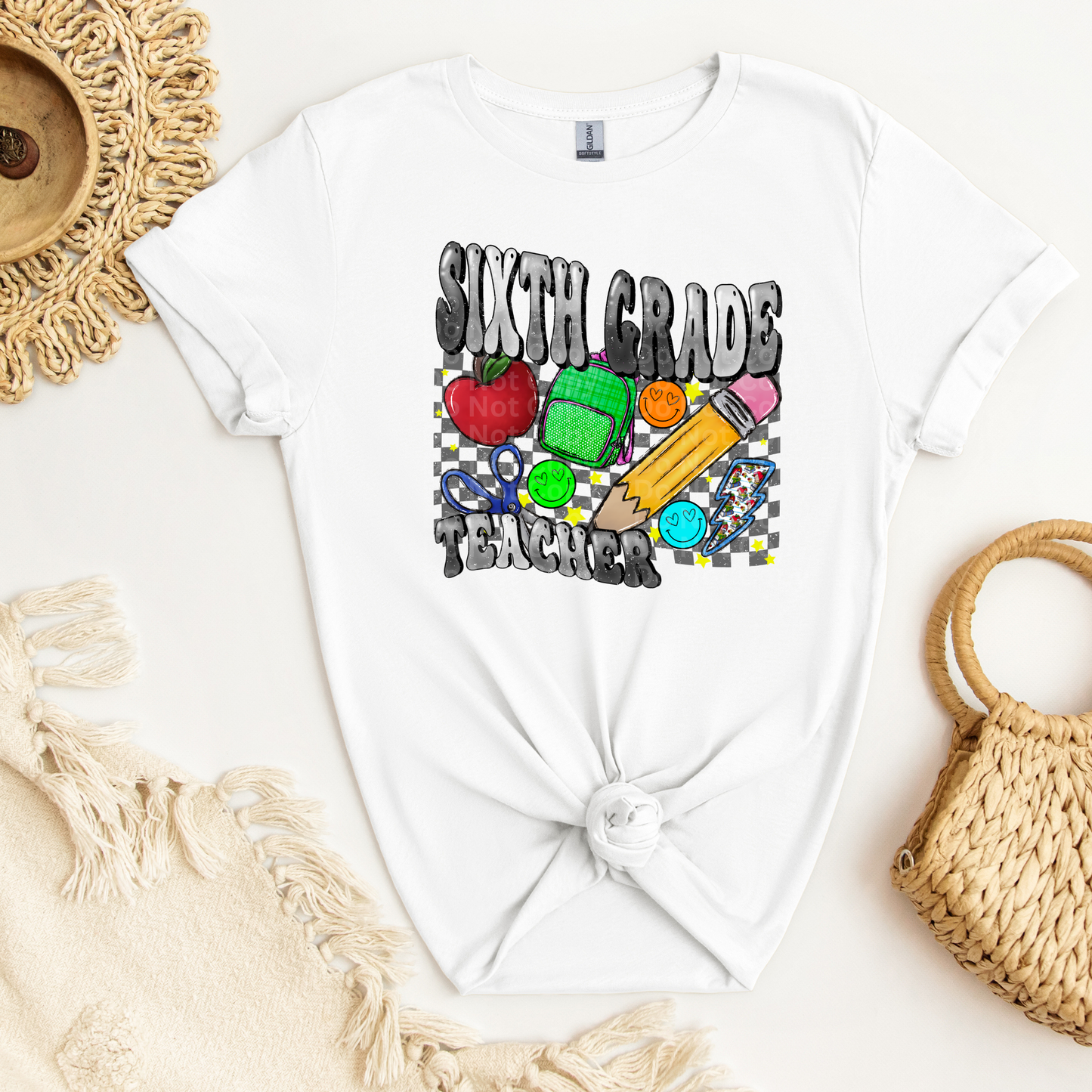 Sixth Grade Teacher Grey Font/Grey Checkered DTF Transfer