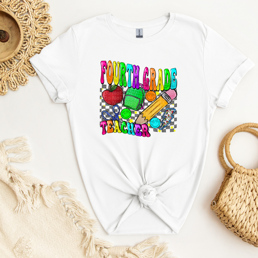 Fourth Grade Teacher Multicolor Font/Grey Checkered DTF Transfer