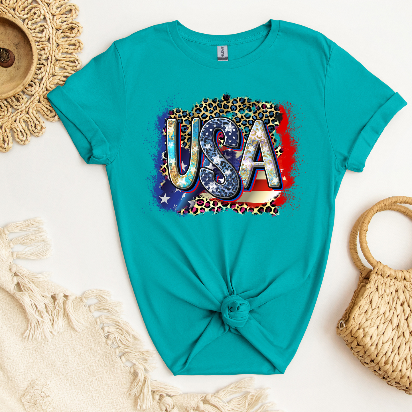 USA - Large Letters over Flag & Cheetah Print Background DTF Transfer