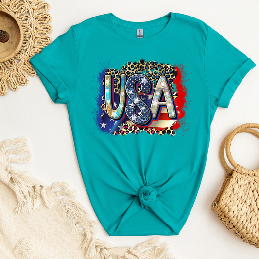 USA - Large Letters over Flag & Cheetah Print Background DTF Transfer
