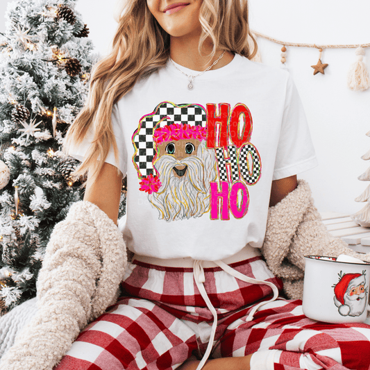 Ho Ho Ho Happy Santa w/Checkered & Pink Hat (Dark) DTF Transfer