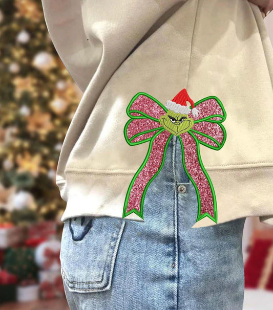 Green Guy Faux Glitter Embroidered Bow Side Slit DTF Transfer