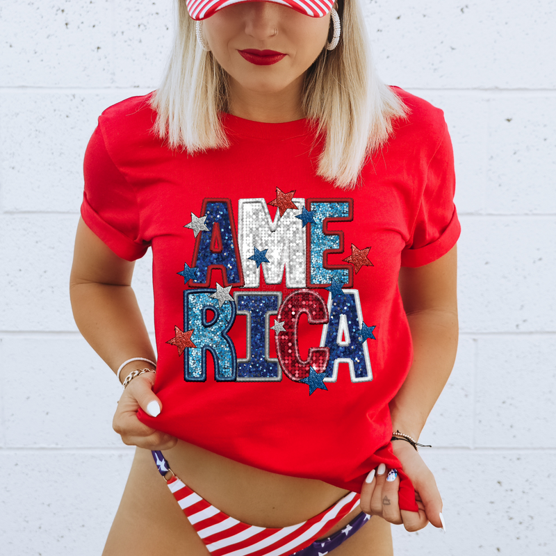 America Faux Sequins with Faux Glitter Stars DTF Transfer