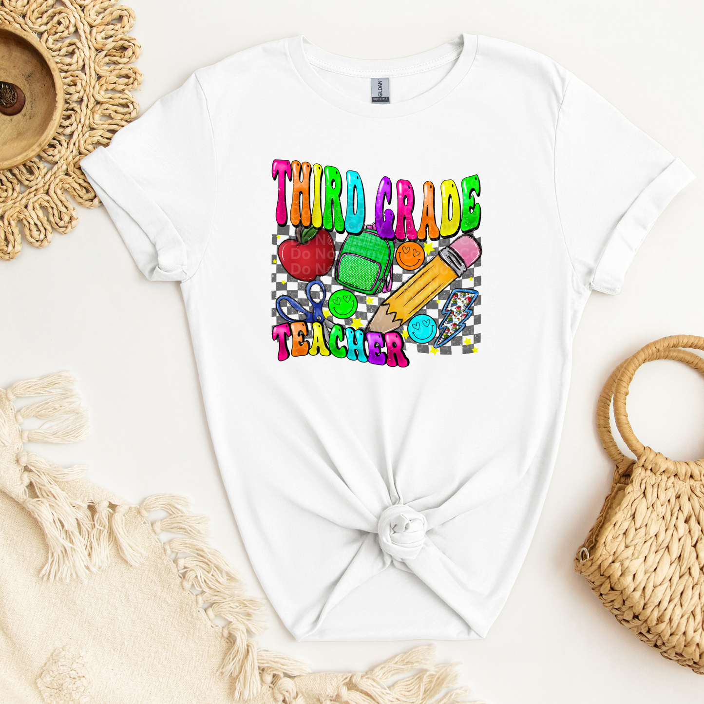 Third Grade Teacher Multicolor Font/Grey Checkered DTF Transfer