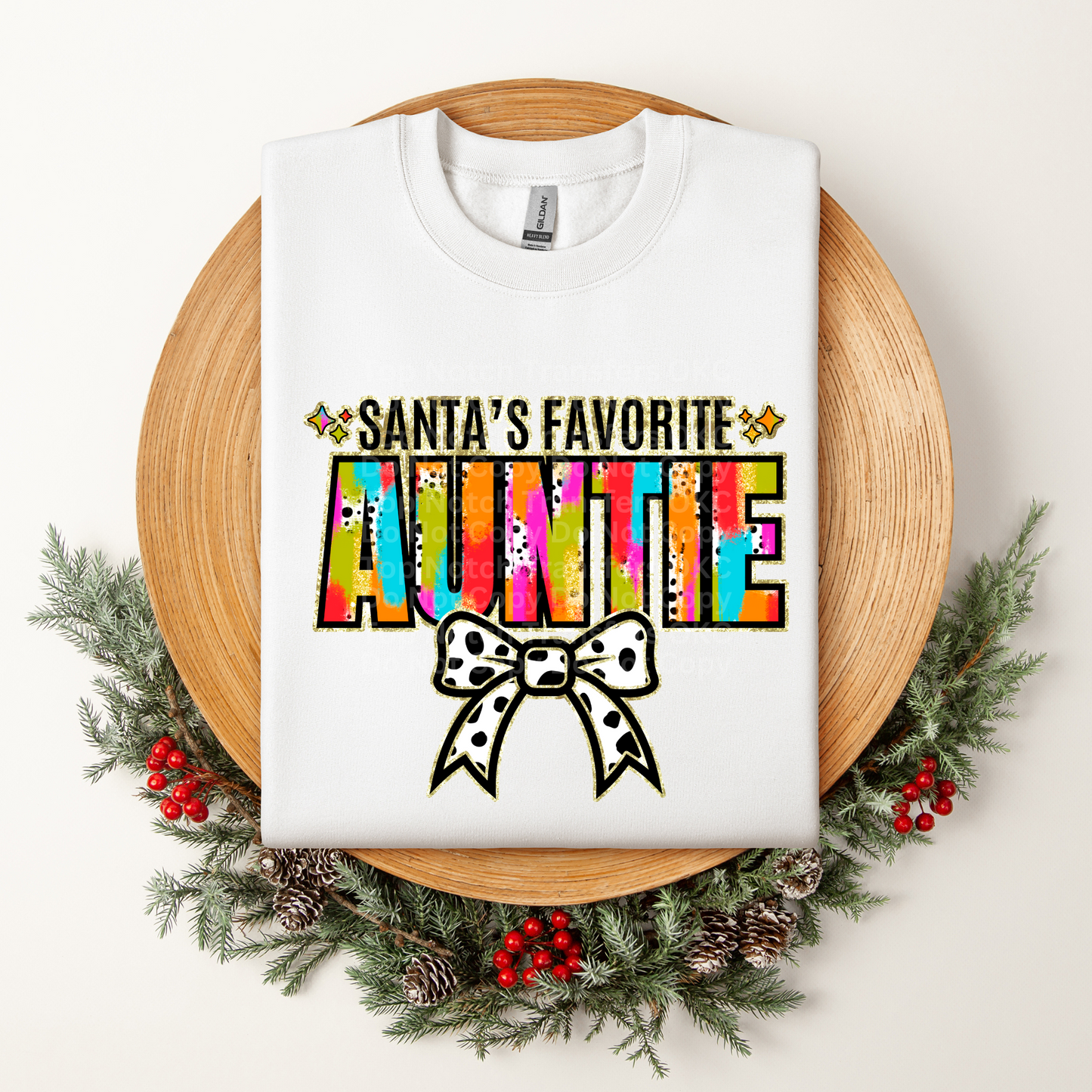 Santa's Favorite Auntie Multicolored w/White Bow DTF Transfer