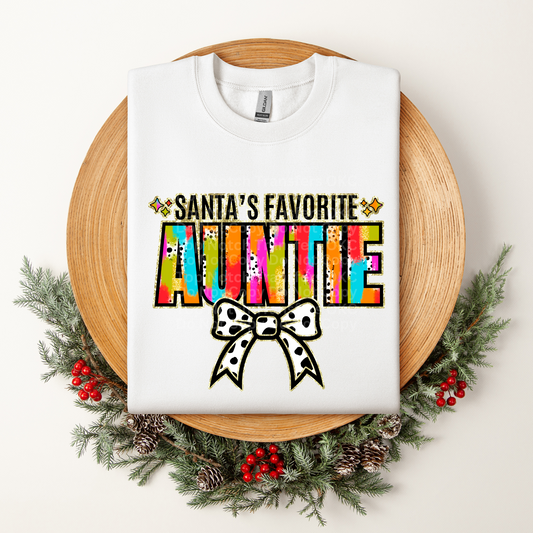 Santa's Favorite Auntie Multicolored w/White Bow DTF Transfer