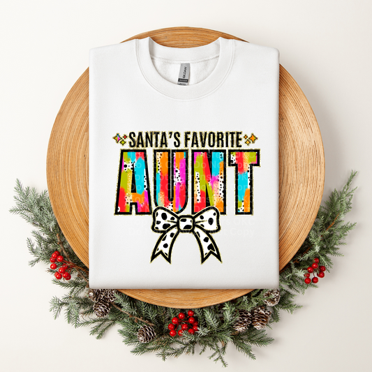Santa's Favorite Aunt Multicolored w/White Bow DTF Transfer