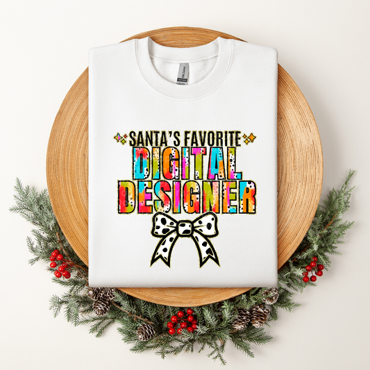 Santa's Favorite Digital Designer Multicolored w/White Bow DTF Transfer