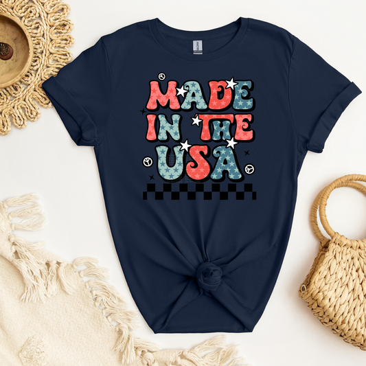 Made in the USA - white stars & peace symbols/black checkered DTF Transfer