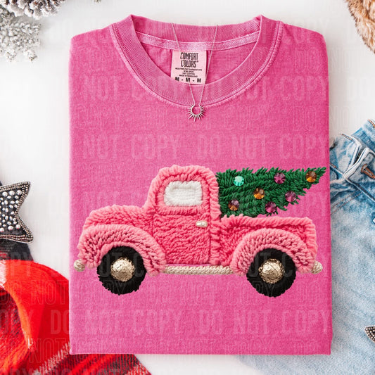 Faux Yarn pink truck with Christmas Tree DTF Transfer