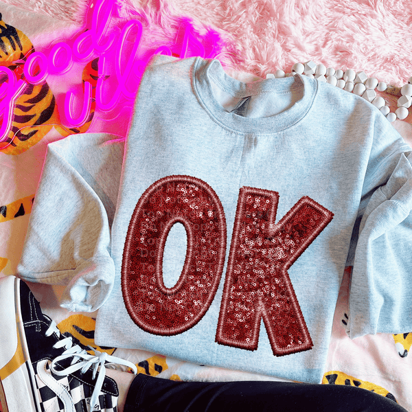 OK Red Faux Embroidery Glitter DTF Transfer