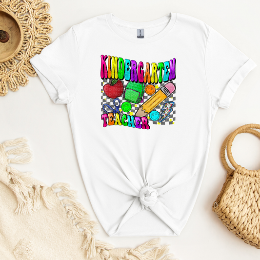 Kindergarten Teacher Multicolor Font/Grey Checkered DTF Transfer
