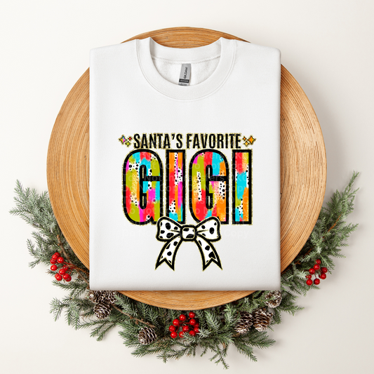 Santa's Favorite Gigi Multicolored w/White Bow DTF Transfer