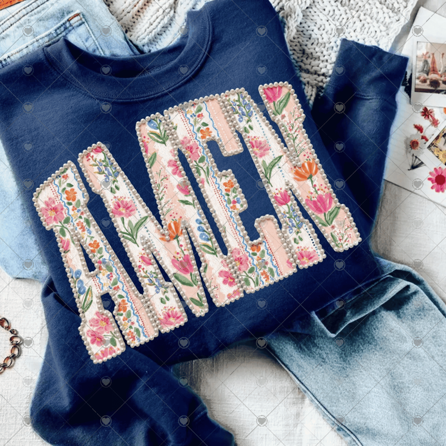 AMEN floral w/ pearl outline DTF Transfer