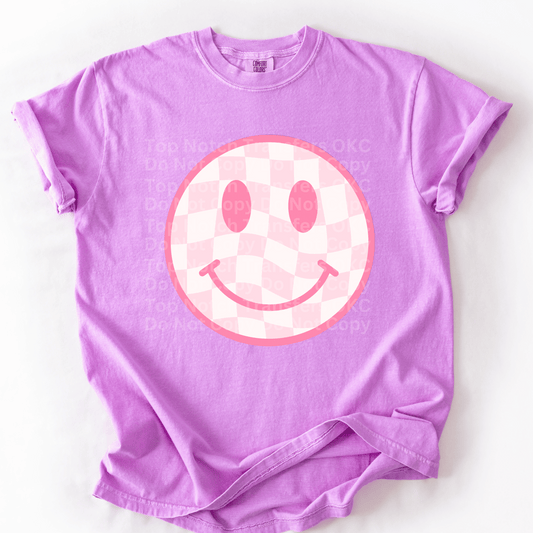 Light Pink Checkered Smiley Face DTF Transfer