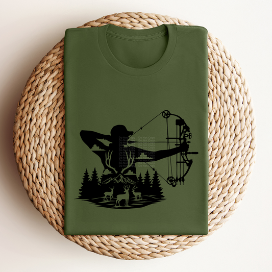 Hunter With Compound Bow, Deer & Trees Black Silhouette DTF Transfer