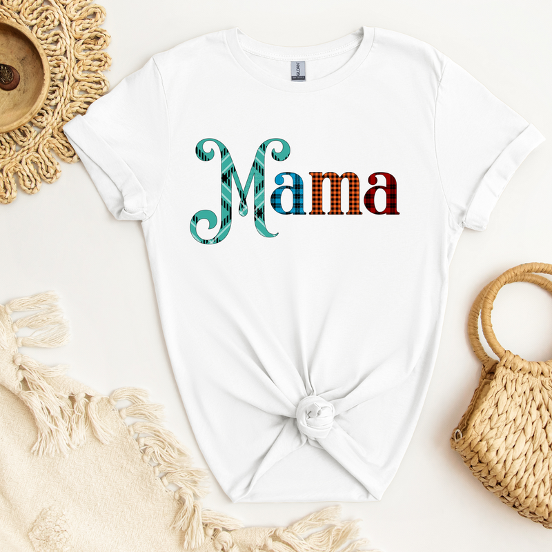 Mama Blue Orange Red Plaid Letters DTF Transfer