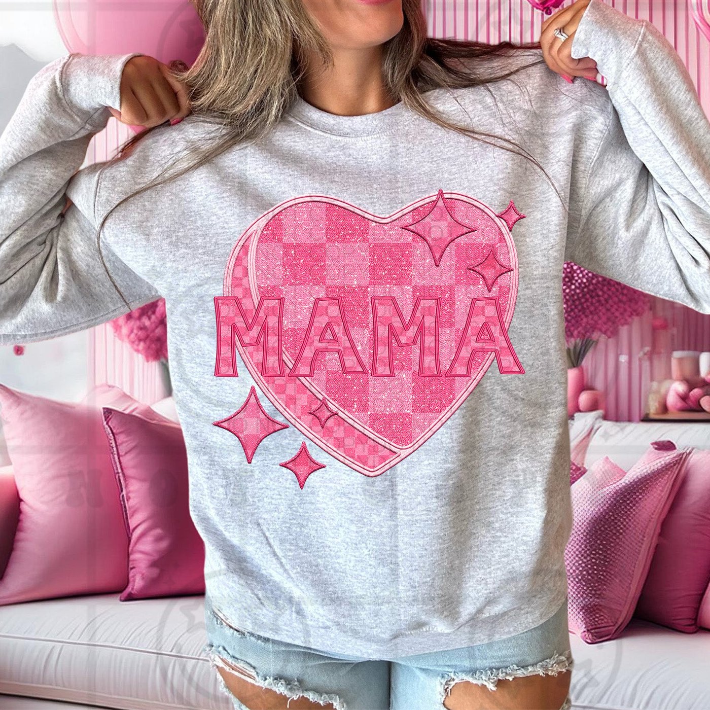 Mama - Pink Checkered Heart DTF Transfer