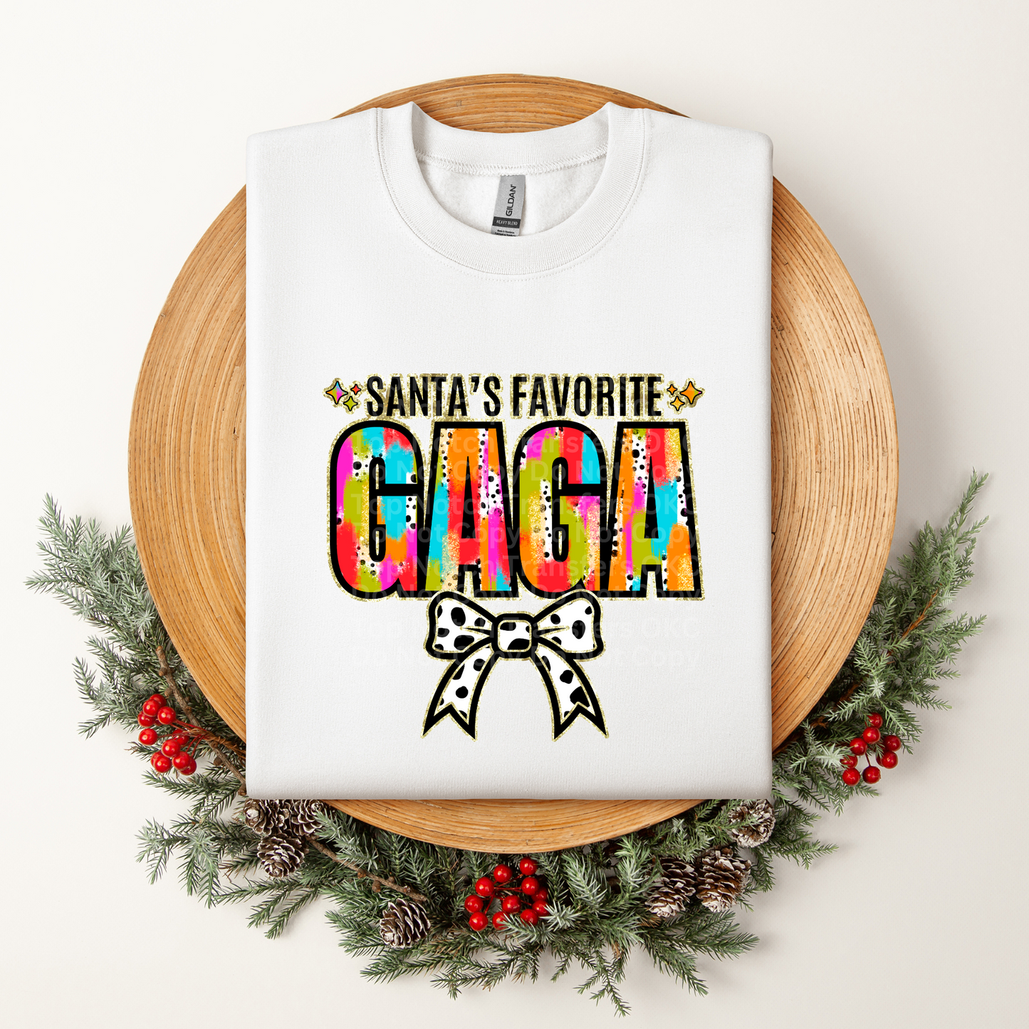 Santa's Favorite Gaga Multicolored w/White Bow DTF Transfer