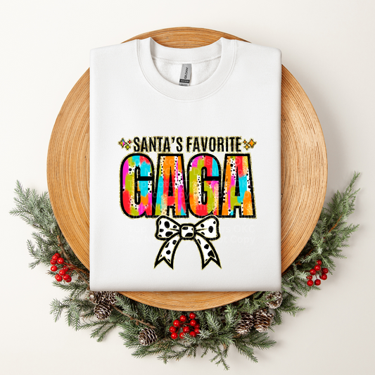 Santa's Favorite Gaga Multicolored w/White Bow DTF Transfer