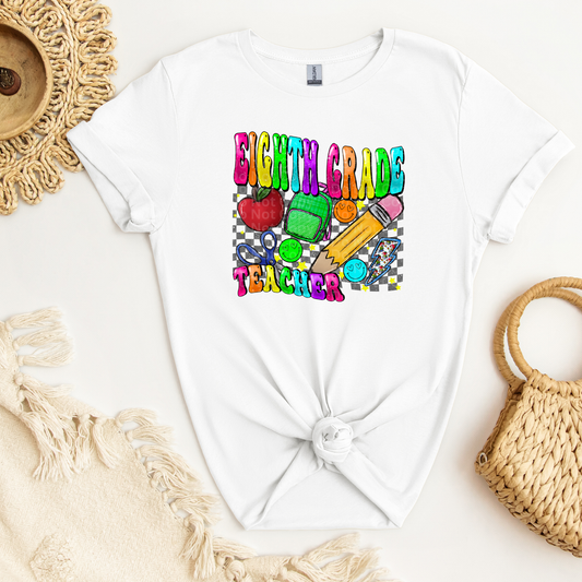 Eighth Grade Teacher Multicolor Font/Grey Checkered DTF Transfer
