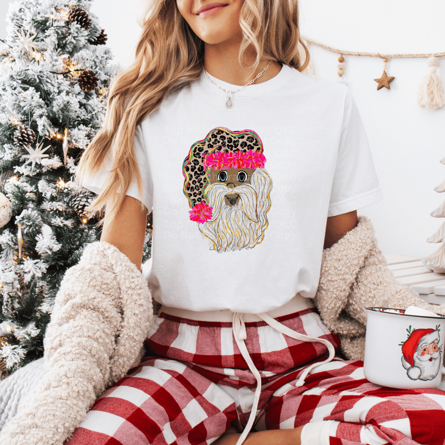 Happy Santa w/Leopard & Pink Hat (Dark) DTF Transfer