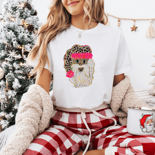 Happy Santa w/Leopard & Pink Hat (Dark) DTF Transfer