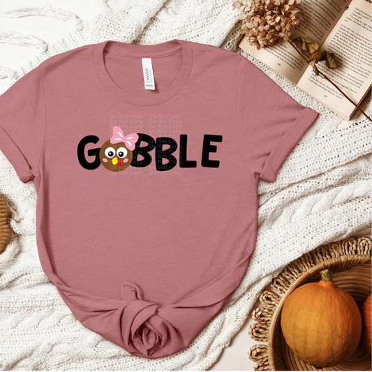Gobble Turkey with Pink Bow DTF Transfer