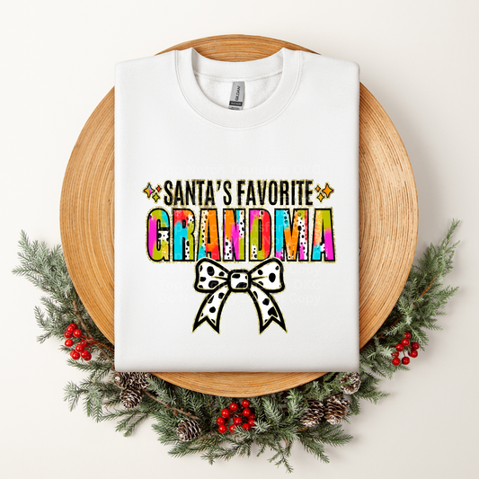 Santa's Favorite Grandma Multicolored w/White Bow DTF Transfer