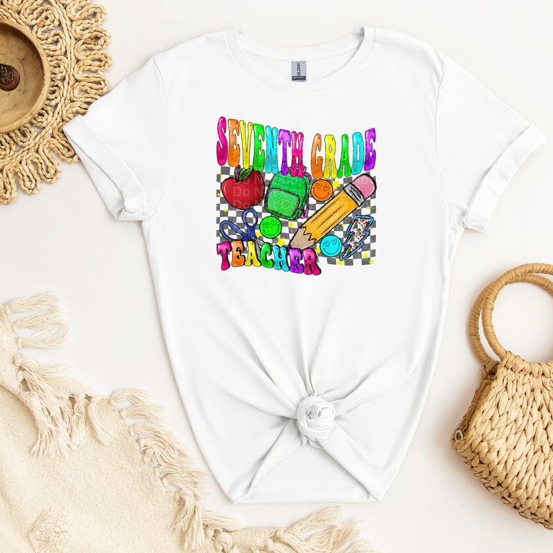 Seventh Grade Teacher Multicolor Font/Grey Checkered DTF Transfer