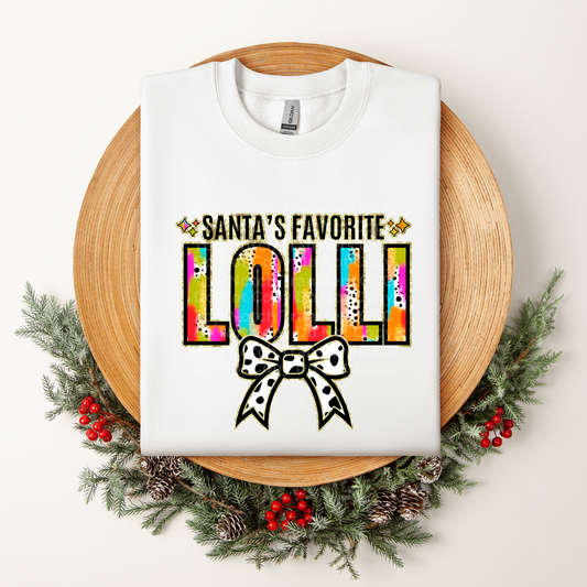 Santa's Favorite Lolli Multicolored w/White Bow DTF Transfer