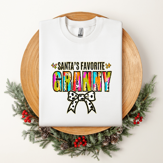 Santa's Favorite Granny Multicolored w/White Bow DTF Transfer