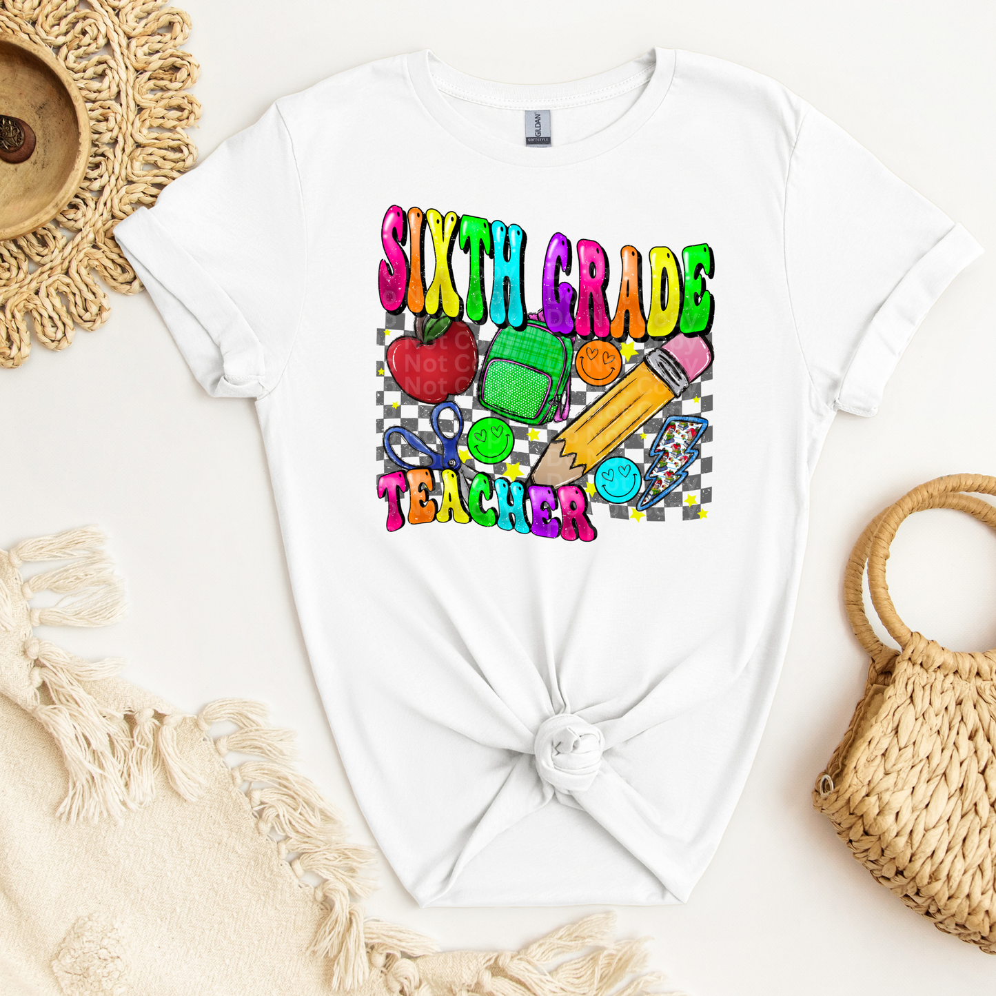 Sixth Grade Teacher Multicolor Font/Grey Checkered DTF Transfer